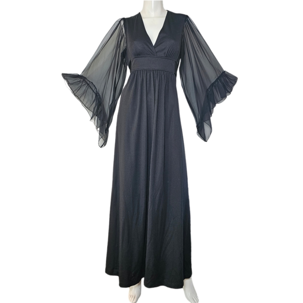 Vintage Black Maxi Dress with Sheer Sleeves
